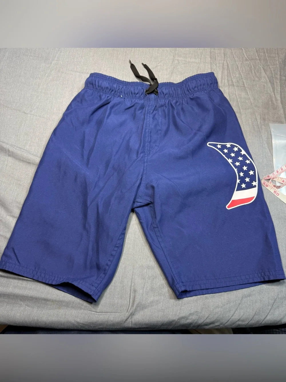Hurley Blue Swim Trunks with American Flag Whale Graphic